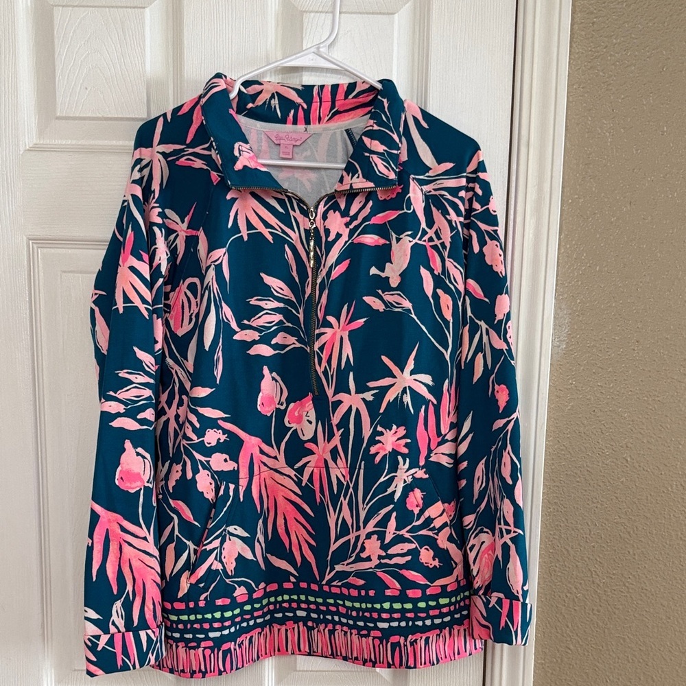 Lilly Pulitzer Navy Blue & Pink Tropical Print Zip Jacket